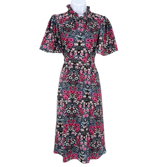 Julia Jordan Floral Ruffle Neck Flutter Sleeve Midi Dress Black Multi Size 2 - Picture 1 of 11